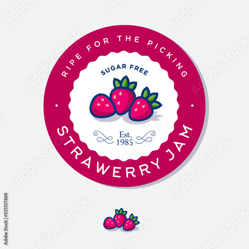 Label for strawberry jam. Round sticker for jar with berries, leaves and letters in a circle. Original berries illustration.