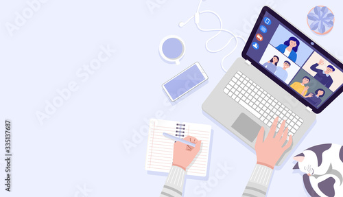 Top view of man's hands using laptop for Video Conferencing at home. Vector