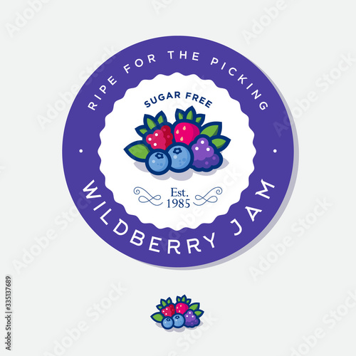 Label for wild berry jam. Round sticker for jar with berries, leaves and letters in a circle. Original berries illustration.