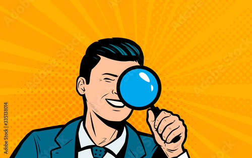 Businessman looking through magnifying glass. Retro comic pop art vector illustration
