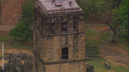PANAMA CITY, PANAMA, APRIL 13, 2015: Aerial view of the ruins of the archaeological site of Panama Viejo, half day, camera rotates around and away from the Cathedral of Our Lady of the Assumption