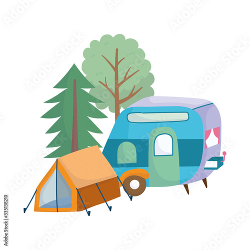 camping tent trailer forest trees greenery cartoon