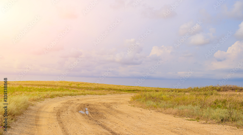 Summer Sunny road . Road trip. Summer vacation by car. Travel around the country. Article and advertising about a summer vacation by car. Road and place for the text.