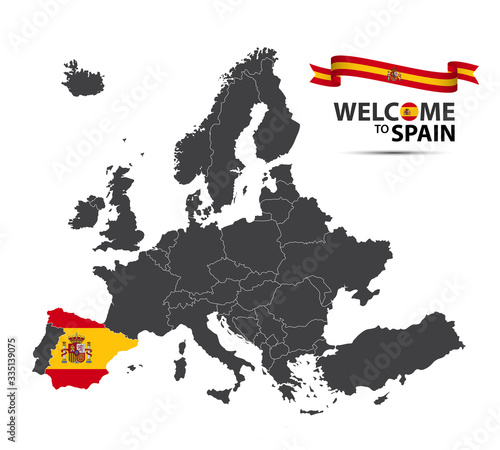 Illustration of a map of Europe with the state of Spain in the appearance of the Spanish flag and Spanish ribbon isolated on a white background