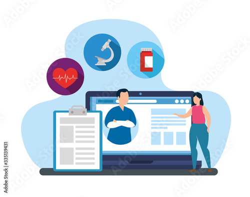 medicine online technology with laptop and icons vector illustration design