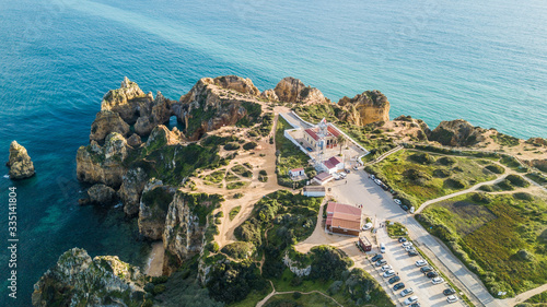 Aerial view of Ponta da Piedade, in Lagos, Algarve, Portugal. Cliff rocks on sea at Ponta da Piedade, Algarve region, Portugal
