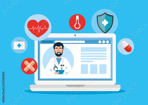 medicine online technology with laptop and icons vector illustration design