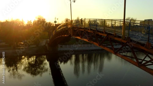 man on the bridge drone sunset video, 4k video