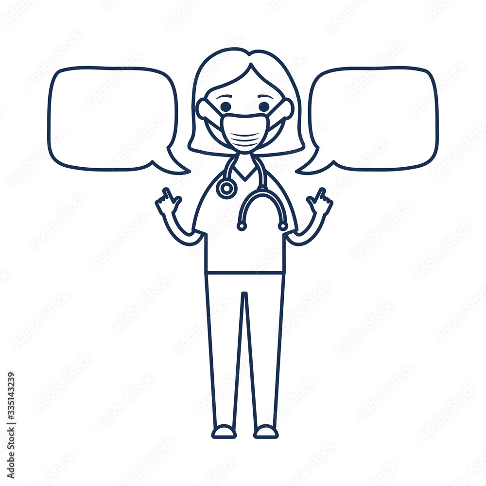 speech bubbles and cartoon doctor woman standing icon, line style speech bubbles and cartoon doctor woman standing icon, line style