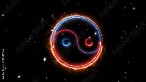 Gorgeous 3d rendering of ancient female and male symbol called yin and yang. It is put in a glittering circle and soaring in the black cosmos with shiny stars photo