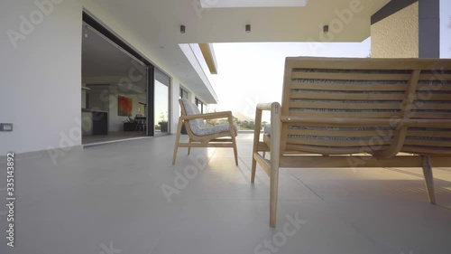 Modern villa garden walking in swimming pool, Sunshine modern house pool