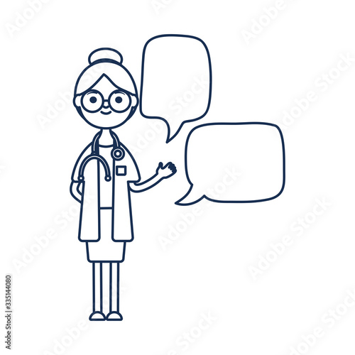 cartoon young doctor woman and speech bubbles icon, line style