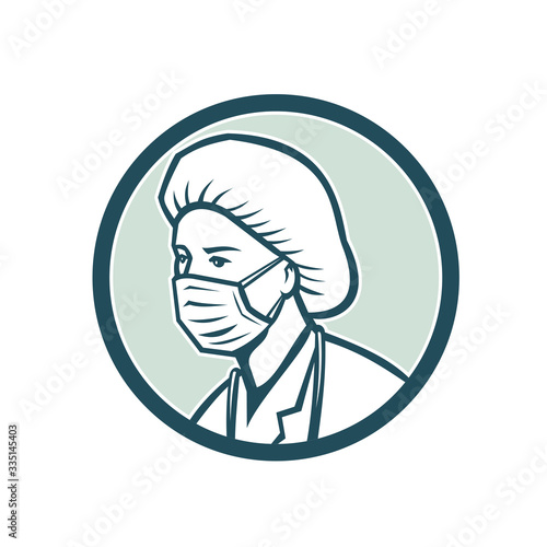 Mascot icon illustration of head a nurse, medical professional, doctor, healthcare or essential worker wearing a PPE, protective personal equipment surgical mask on isolated background in retro style.