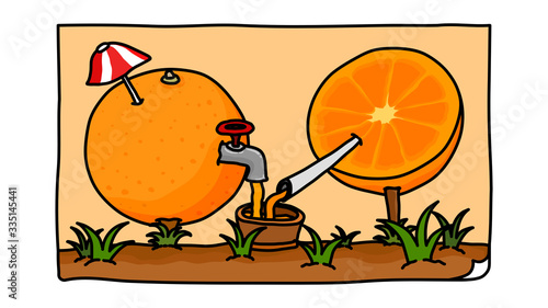 Two hand drawn comic style oranges spitting out juice via pipe and valve on the ground with an orange background