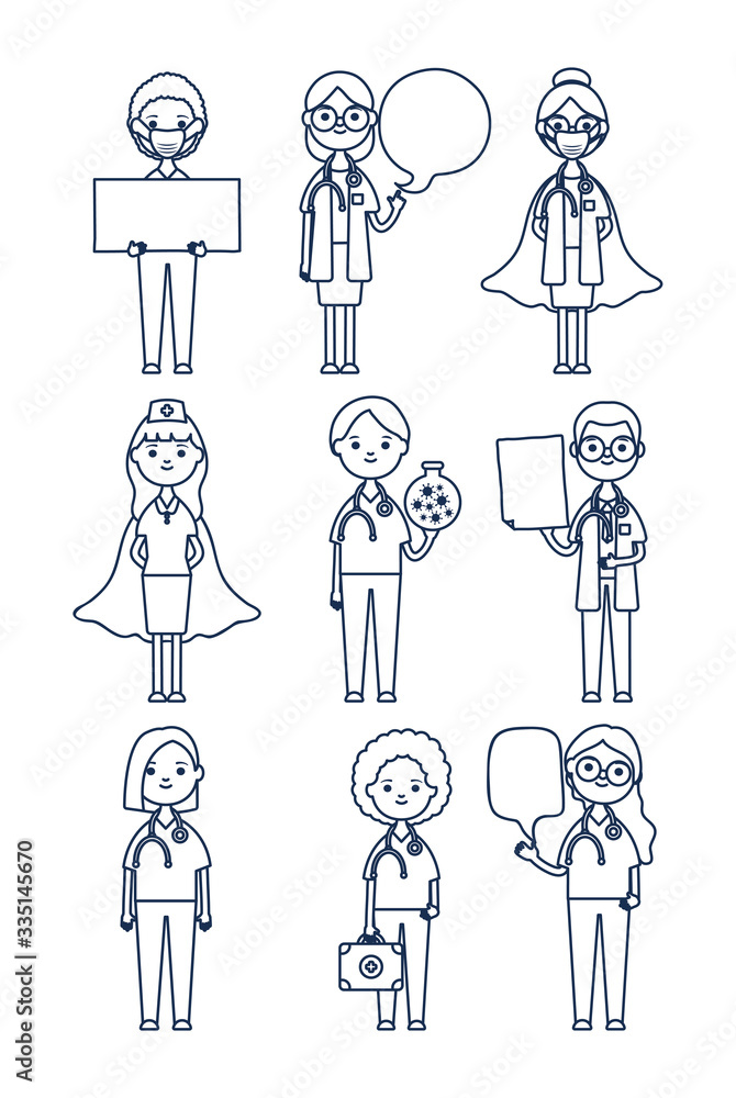 cartoon doctors and medical staff icon set, line style cartoon doctors and medical staff icon set, line style