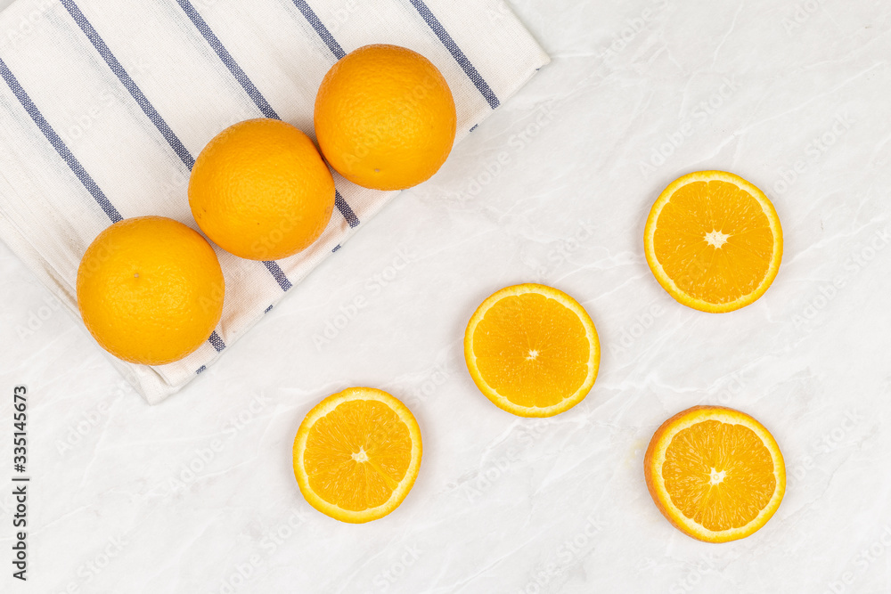 Top view of sliced orange on the white background Top view of sliced orange on the white background