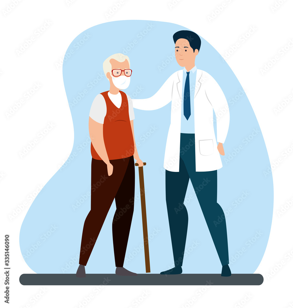 old man with respiratory protection and doctor vector illustration design