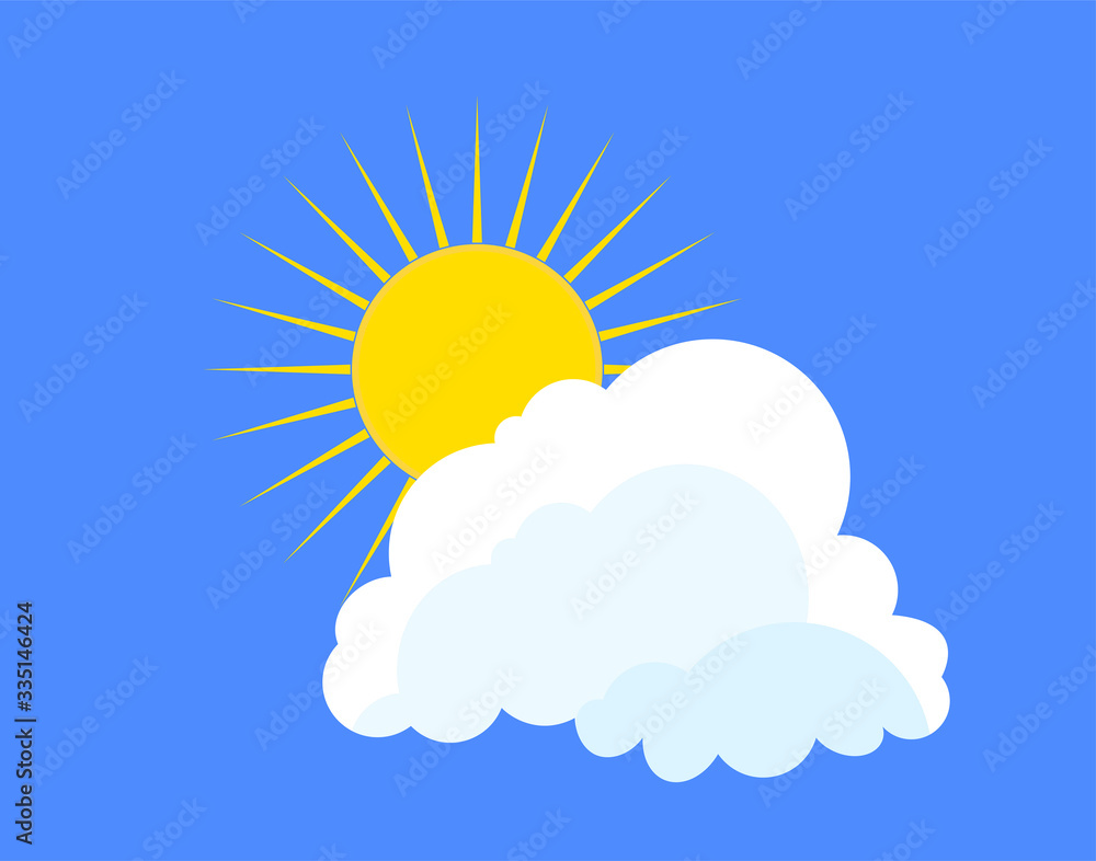 Flat sun and cloud Icon. Summer pictogram on blue background. Sunlight symbol. Vector illustration, EPS10 Flat sun and cloud Icon. Summer pictogram on blue background. Sunlight symbol. Vector illustration, EPS10
