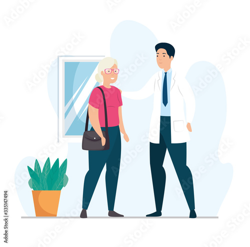 old woman talking with doctor vector illustration design