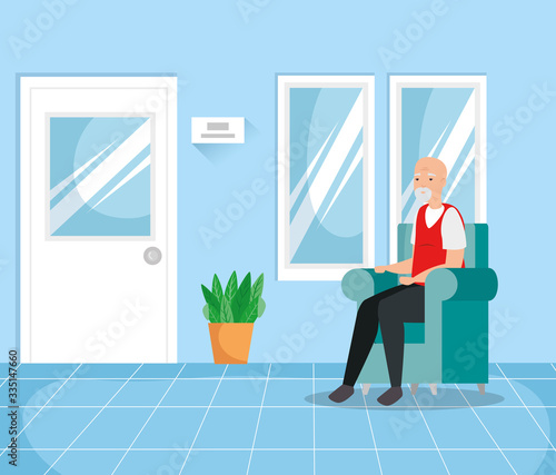 old man with respiratory protection in waiting room vector illustration design