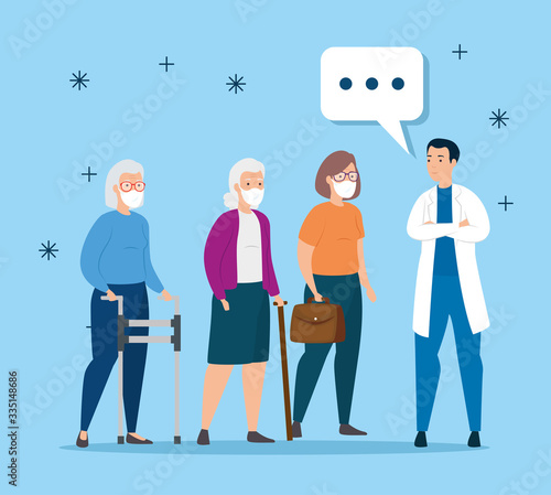 old women with protection respiratory talking of doctor vector illustration design