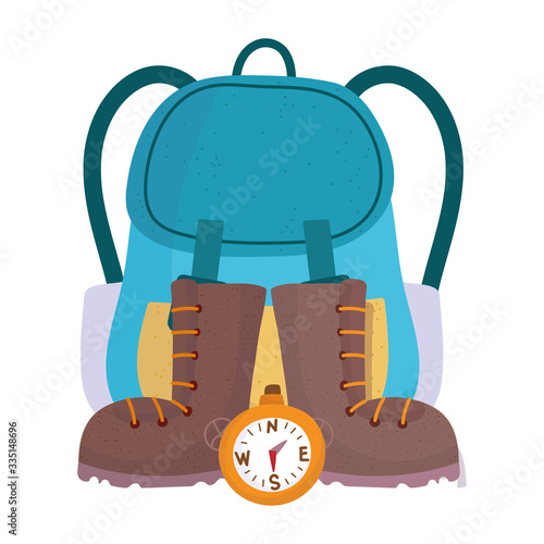 camping backpack boots and compass equipment cartoon