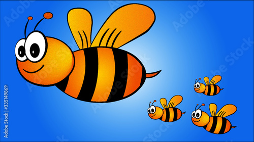 Bright coloured Bees on blue background