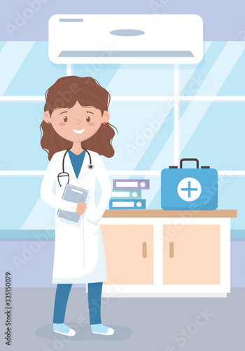 female physician in consultation room medical staff professional practitioner cartoon character
