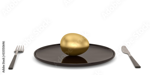 Gold egg on plate with knife and fork. 3D illustration. photo