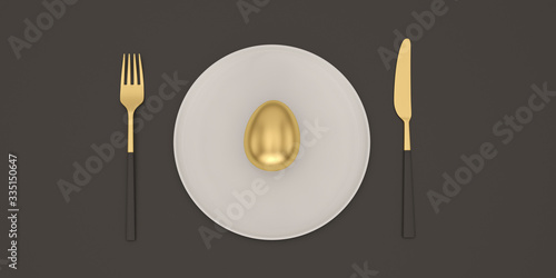 Gold egg on plate with knife and fork. 3D illustration.