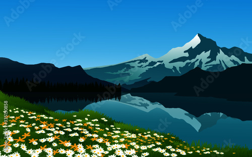 mountain landscape with lake and mountains