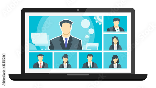 7 Panels Online Virtual Remote Meetings, TV Video Web Conference Teleconference Call  Male Main. Company CEO President Executive Manager Boss Employee Team Work Learn From Home WFH Live Stream Webinar