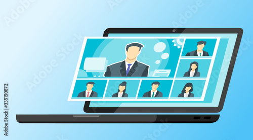 7 Panels Online Virtual Remote Meetings, TV Video Web Conference Teleconference Call  Male Main. Company CEO President Executive Manager Boss Employee Team Work Learn From Home WFH Live Stream Webinar