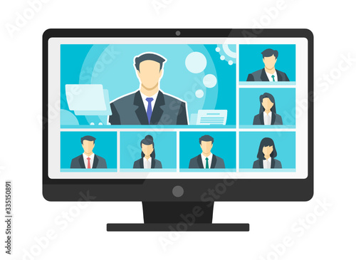 7 Panels Online Virtual Remote Meetings, TV Video Web Conference Teleconference with Male Main. Company CEO President Executive Manager Boss Employee Team Work Learn From Home WFH PC Live Stream Webin