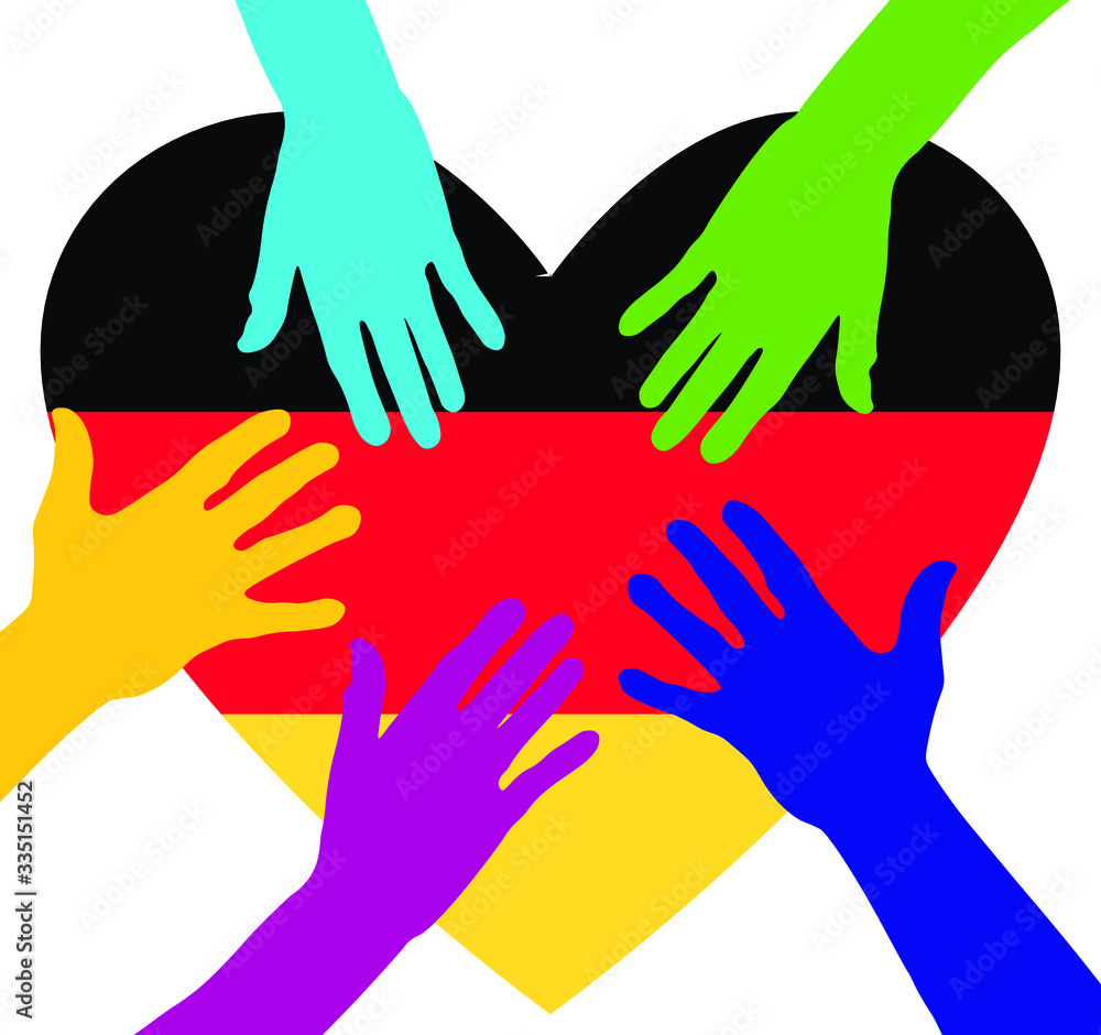 Care and charity concept - hands on the Germany Flag Heart. Patriotic concept. People raising their hands to become volunteers. The concept of big problems because of the coronavirus pandemic.