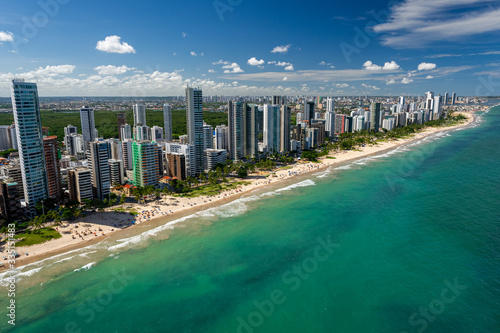 Boa Viagem Beach, Recife, Pernambuco, Brazil on March 1, 2014. The most famous urban beach in the city, approximately eight kilometers long. Aerial view photo