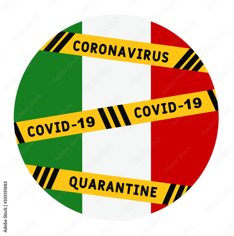 Fototapeta premium Italy quarantine and extraordinary emergency measures under pandemic virus. stop coronavirus covid-19 yellow border tape on Italy flag background vector illustration