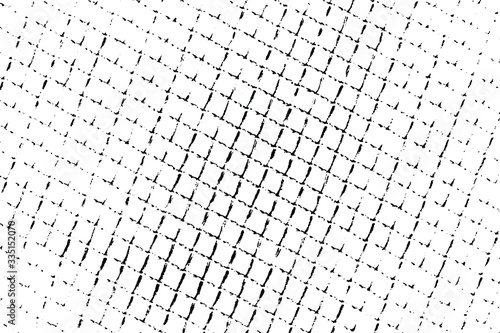 Grunge halftone texture of an uneven large grid. Monochrome background of loose fabric. Overlay template. Vector illustration