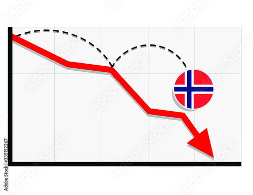 Norway flag with red arrow graph going down showing economy recession and shares fall. Crisis, Norway economy concept. For topics like global economy, Norway economy, banking, finance