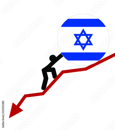 economic arrow falling down financial crisis. man roll a flag Israel up. The concept of support during the depression and world economic crisis.