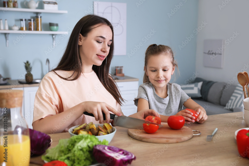 Mother with daughter cooking together in kitchen Mother with daughter cooking together in kitchen