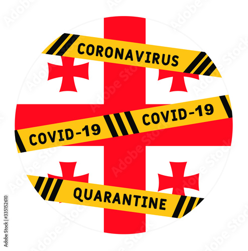Georgia closes borders. Caution tape with black and yellow lines and text keep out on Georgia flag background. The idea of closing the country to prevent the spread of the coronavirus (COVID19).