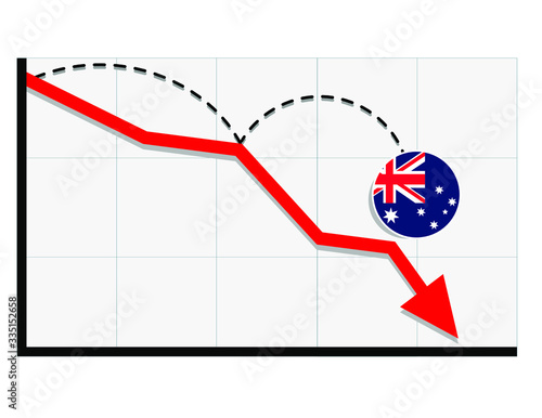 Australia flag with red arrow graph going down showing economy recession and shares fall. Crisis, Australia economy concept. For topics like global economy, Australia economy