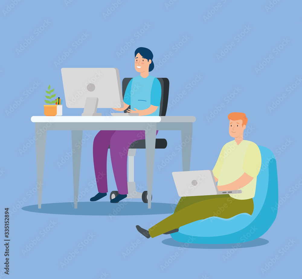 couple working at home avatar characters vector illustration design