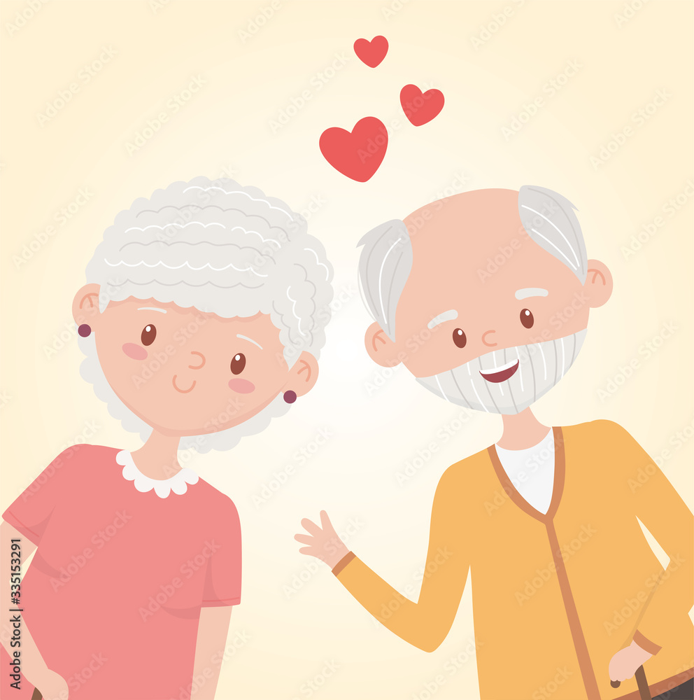 old people, happy grandparents, mature couple love cartoon characters