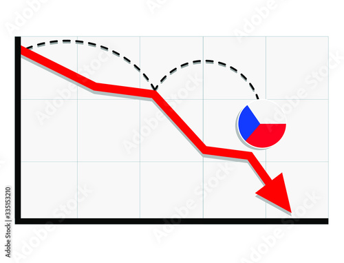 Czech republic flag with red arrow graph going down showing economy recession and shares fall. Crisis, Czech republic economy concept. For topics like global economy, Czech republic economy, banking,