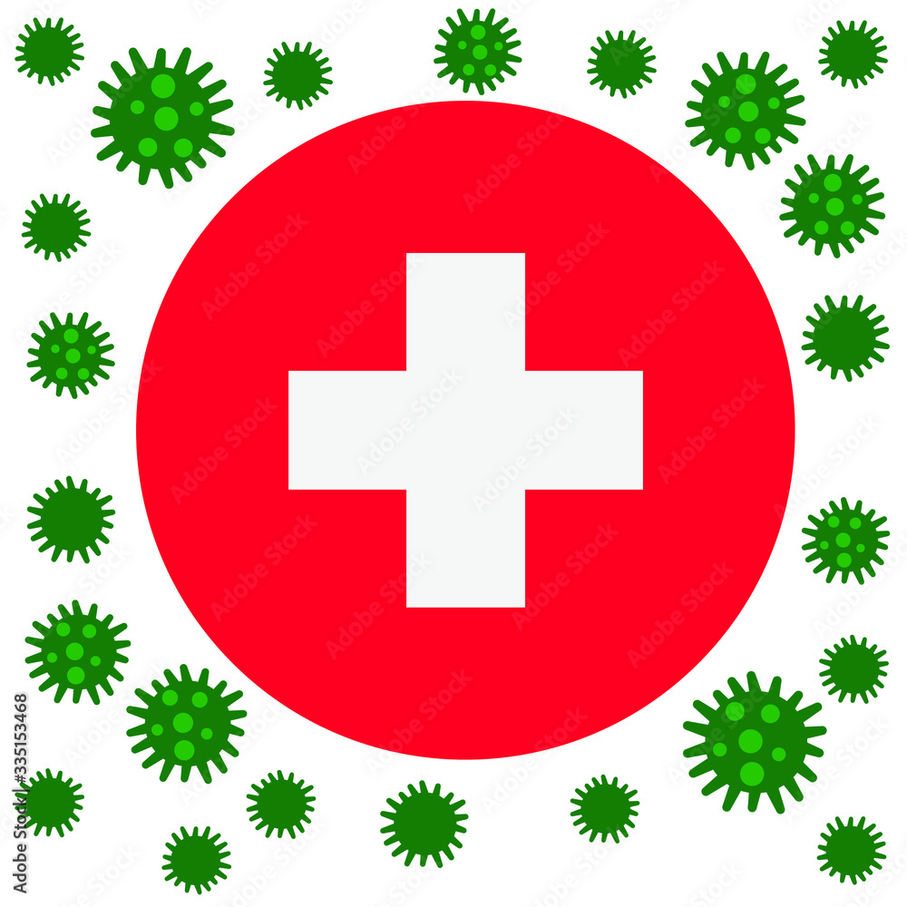 Obraz premium Flag of Switzerland with outbreak deadly coronavirus covid-19. Banner with the spread of Coronavirus 2019-nCoV virus strain. A large coronavirus bacteriums against background of the national flag Swit