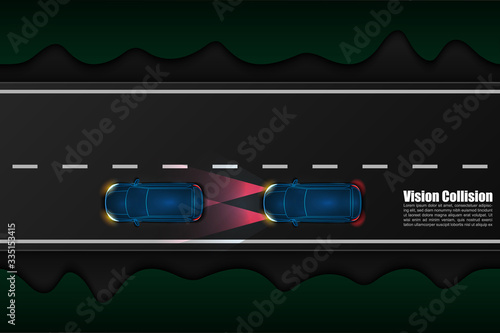 Self driving car moving in the city street using GPS and sensors to prevent collision, automotive technology concept