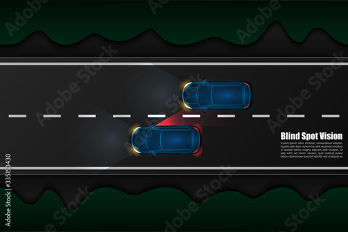 Blind spot vision or assists . Danger warning alert rear view mirror. Radar sensor for road situation monitor. Modern vehicle safety, crash prevention technology