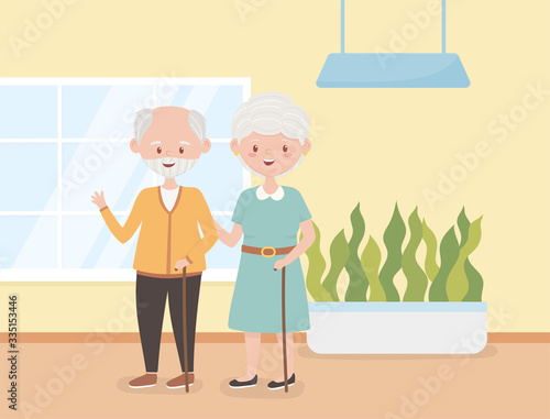 old people, happy grandparents together in room cartoon characters